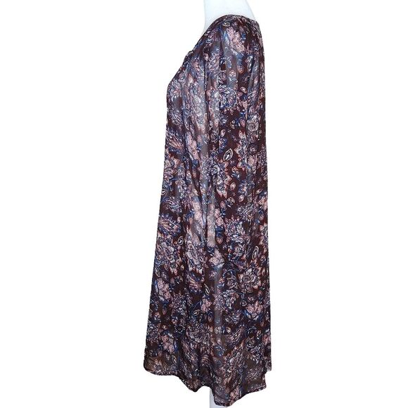 Garnet Hill Sheer Silk Dress Split Neck 3/4 Sleeve Brown Floral Women's Size 6 - Picture 4 of 11